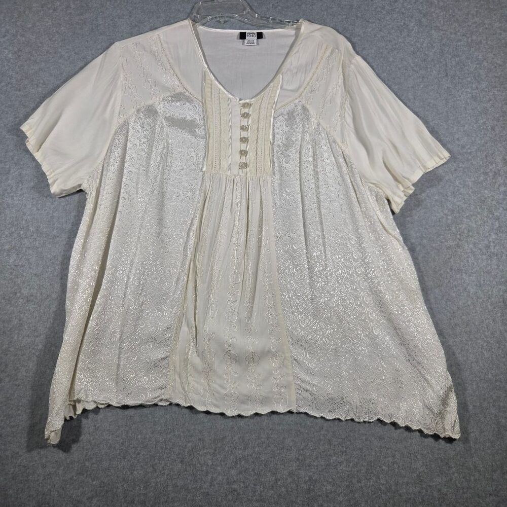 Studio 1940 Womens 22/24 Ivory Boho Peasant Top Embroidered Lace Rayon Plus Size